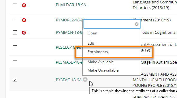 A context menu for a course in the search with the option to see Enrolments highlighted.
