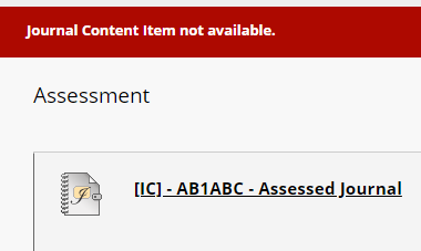 Journal not available - screenshot of the error message shown to students