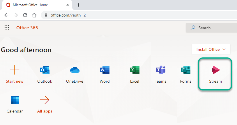 A sreenshot of the Office 365 home page. MS Stream application highlighted.