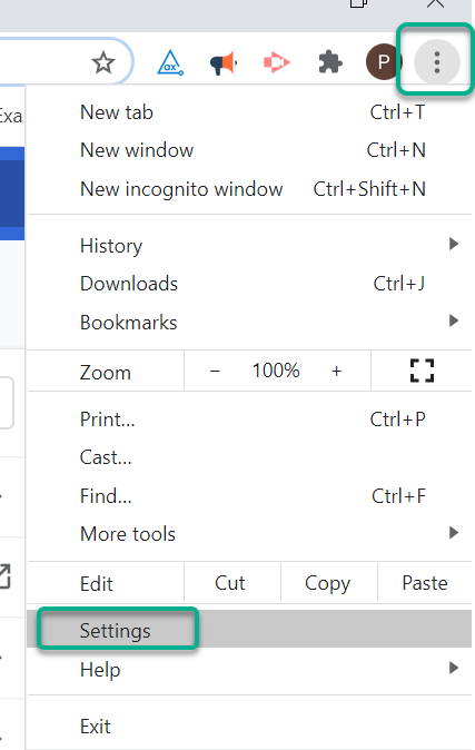Google Chrome Settings in window menu