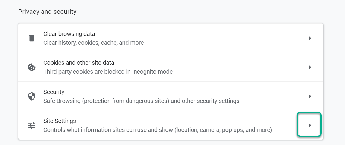 Showing where Site Settings is within the Privacy and Security area
