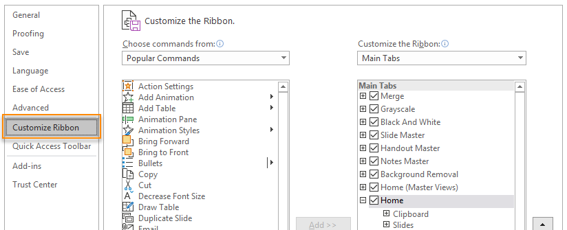 Customise the ribbon dialogue box