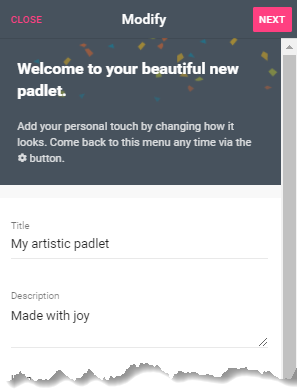 Screen shot of the Modify panel on the right-hand side of the new Padlet screen. Items in screen shot are Title and Description