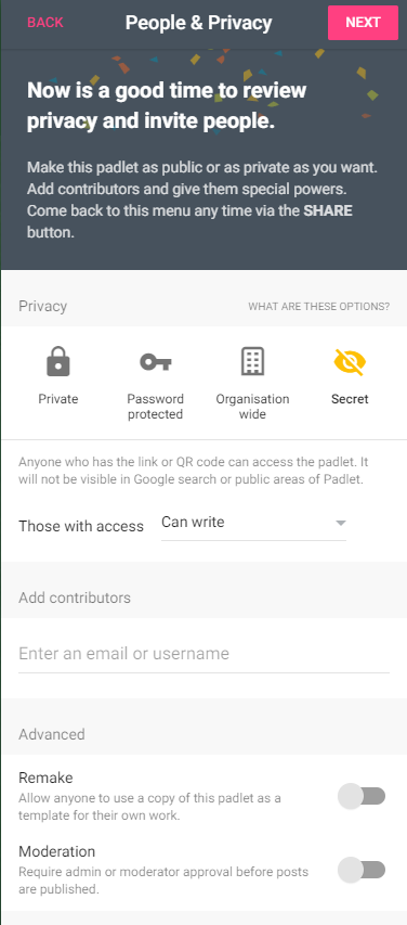 Screen shot of the Privacy and People panel on the right-hand side of the new Padlet screen. 