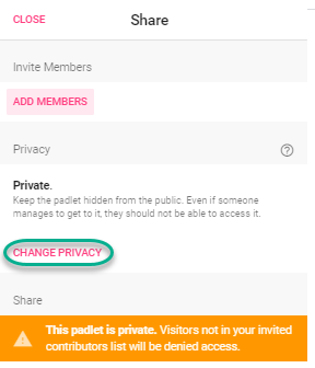 Screen shot of the Share panel in Padlet with the Change Privacy link highlighted. 