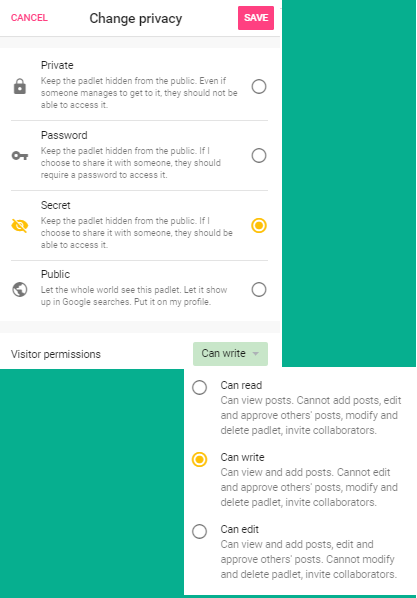Screen shot of the Change Privacy panel in Padlet with Secret selected.