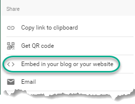 Screen shot of Padlet Share panel with "Embed in your blog or your website" option highlighted