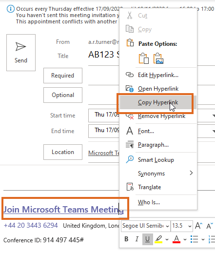 Copy Teams link from the Outlook calendar