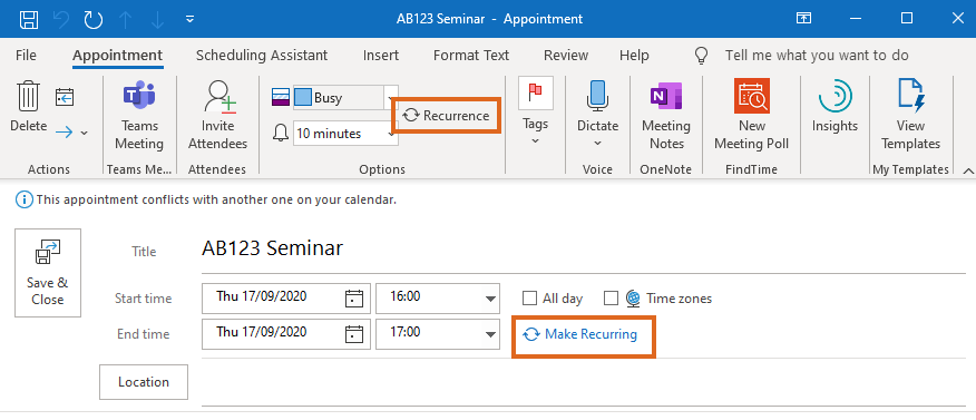 Make Outlook Calendar event recurring