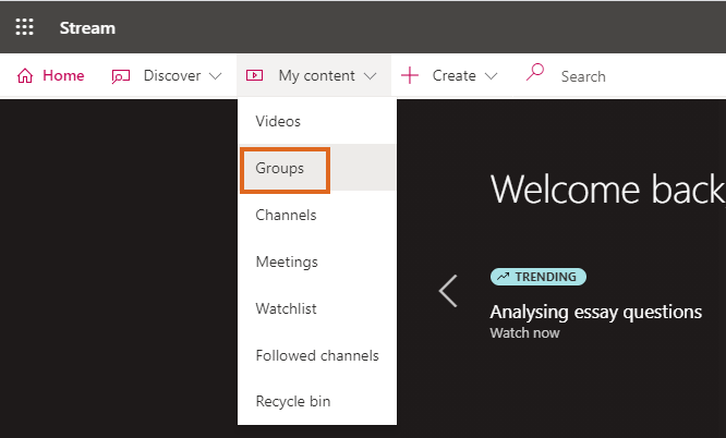 Microsoft Stream My Content menu - Groups