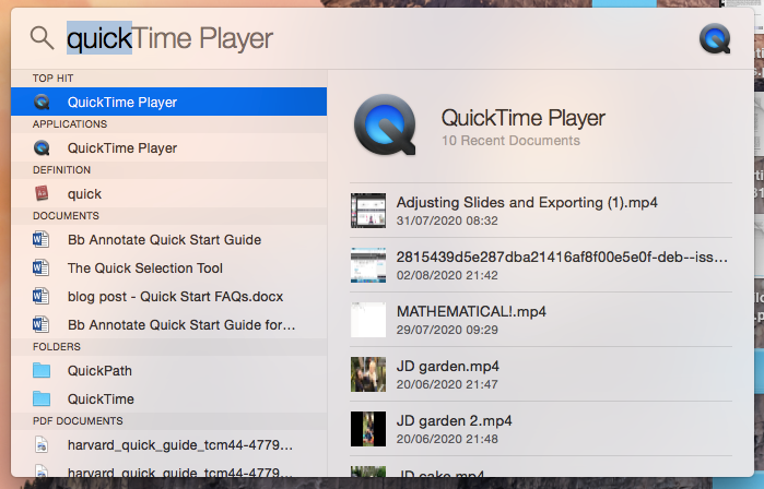 Showing Quicktime in search list 