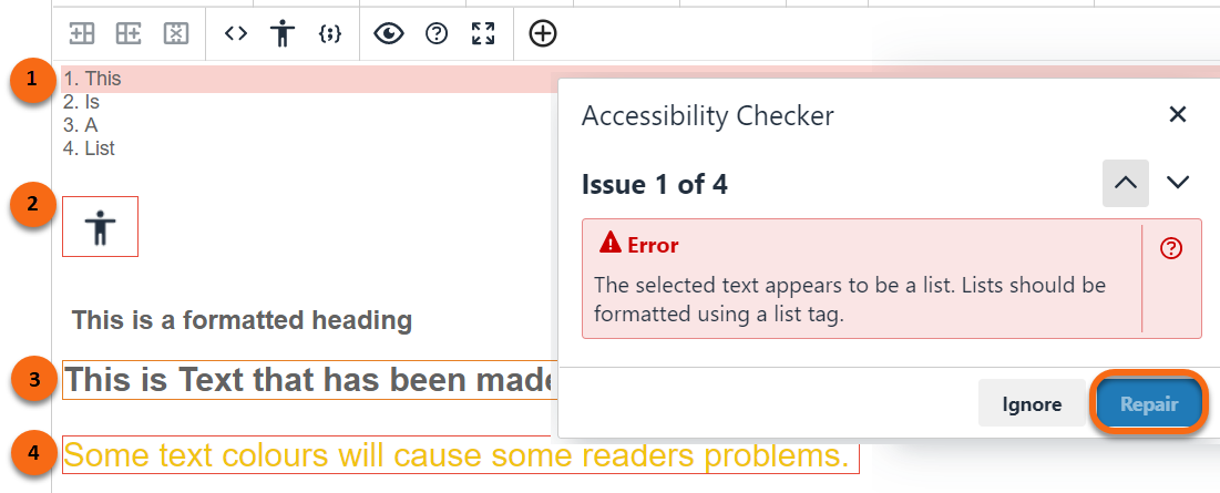 Screen shot of the Accessibility Checker on the Blackboard Content Editor