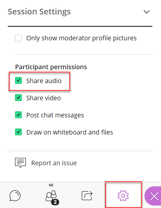 Collaborate image 4 - in the session settings, you can disable sharing audio in the participant permissions