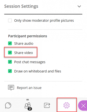 Collaborate session settings option to disable participants from Sharing Video