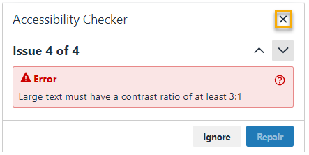 Screen shot of the Blackboard Content Editor's Accessibility Checker - contrast issue found