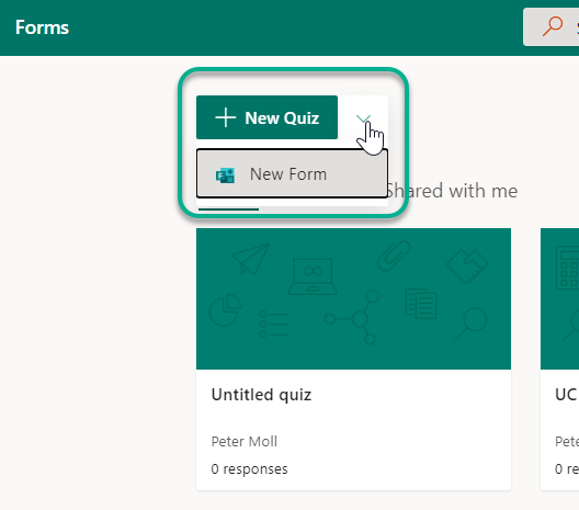 Image showing drop down menu to add new Quiz or MS form