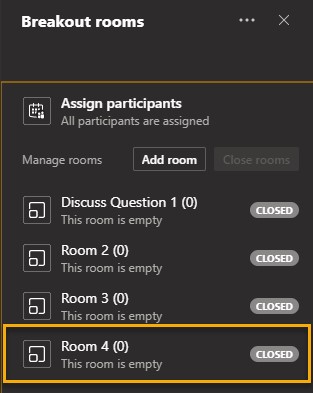 Screenshot showing the newly-created room added to the bottom of the list of rooms