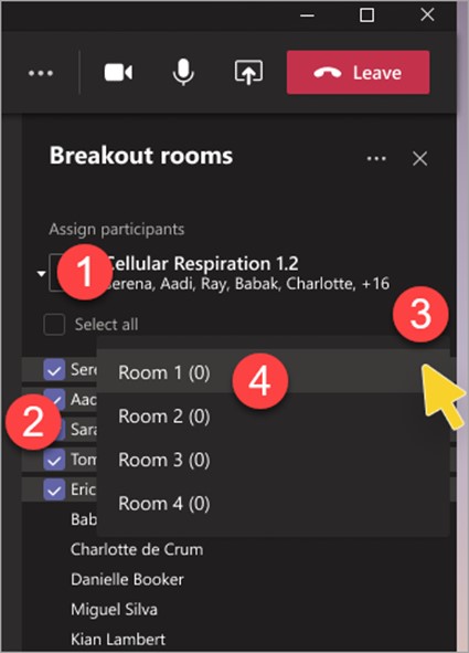 Screenshot of how to assign students to breakout rooms in Teams. The Assign Students panel with steps 1-4: 1. Dropdown Assign participants at the top; 2. on the left, tick boxes beside student names; 3. Choose more options on the right; 4. Choose which room to assign selected students to.