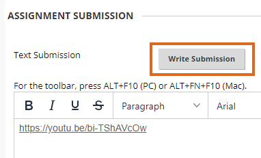 Blackboard assignment Write Submission - paste YouTube link