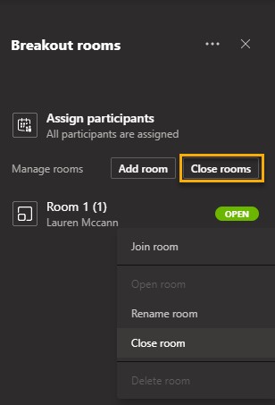 A screenshot showing the 'Close room' button highlighted to close all rooms at once