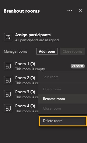 Screenshot showing the delete room option highlighted within the room settings menu