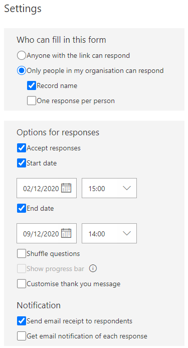 Form response settings