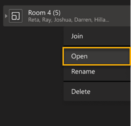 Screenshot of Teams breakout room options expanded and 'open' room menu highlighted