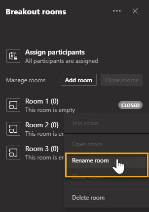 Screenshot showing the Rename Room option highlighted