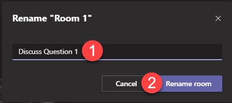 Screenshot showing 1. the field for entering a new room name and 2. the Rename confirmation button