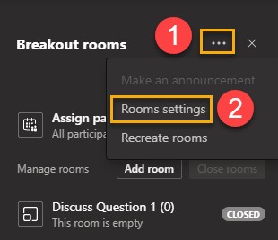 A screenshot showing options for setting how participants move into breakout rooms. The ellipsis at the top right of the panel is highlighted. The 'Room Settings' option is also highlighted from the dropdown menu.