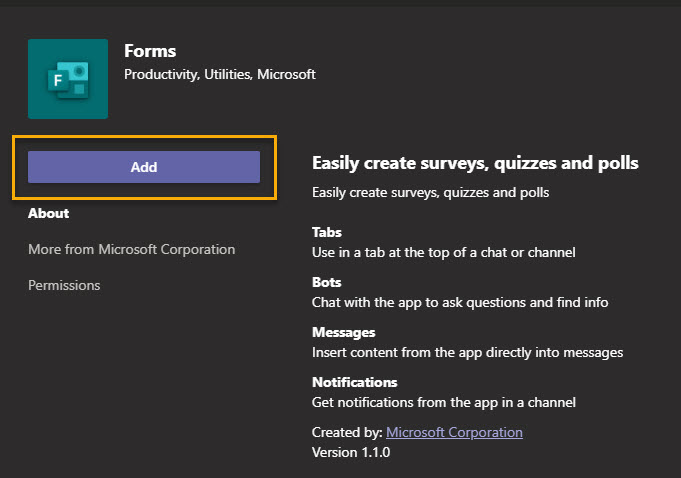Screenshot within Microsoft Teams showing the Add Forms app button highlighted in yellow.