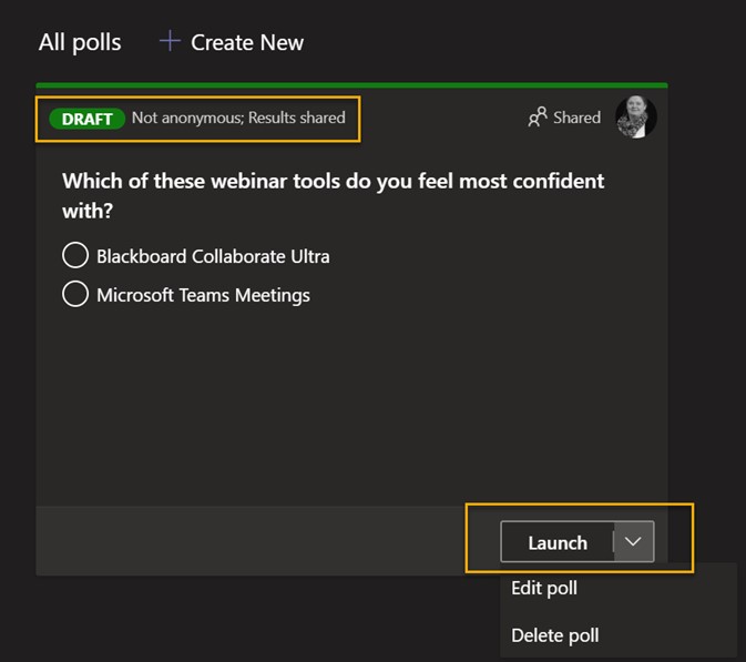 Screenshot from with Microsoft Teams showing a draft Poll and the Launch option highlighted