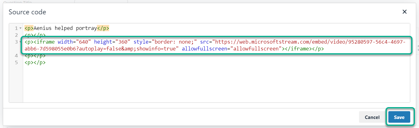 Pasting the embed code in the html box 