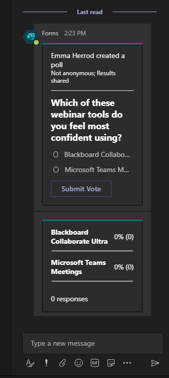 Screenshot from with Microsoft Teams showing a live Poll in the meeting chat pane