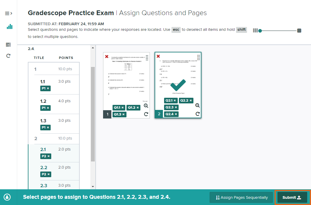 Gradescope - pages assigned, ready to submit