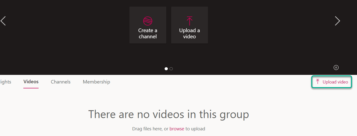 The group videos area in MS Stream. Highlighting the Upload Video button in the top right of the page.