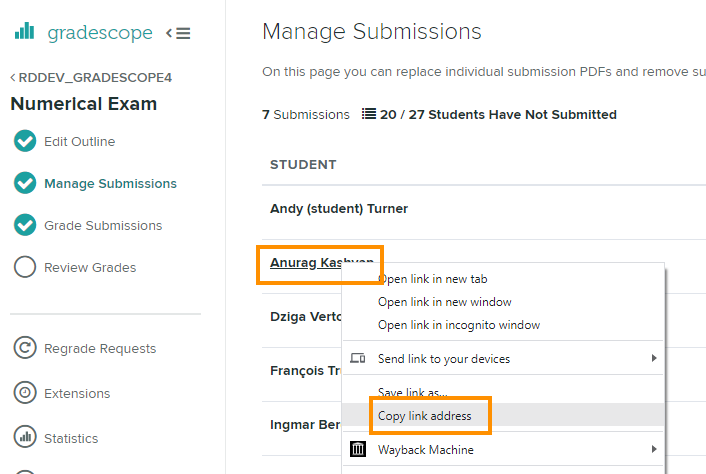 Gradescope - copy link to a student paper
