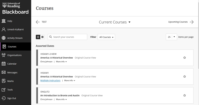 Courses page - list view