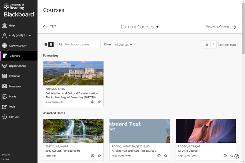 Courses page displayed as tiles