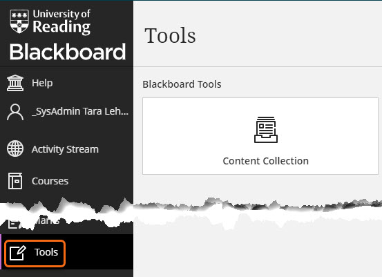 Blackboard Menu with Tools open and Content Collecntion visible as tool to open