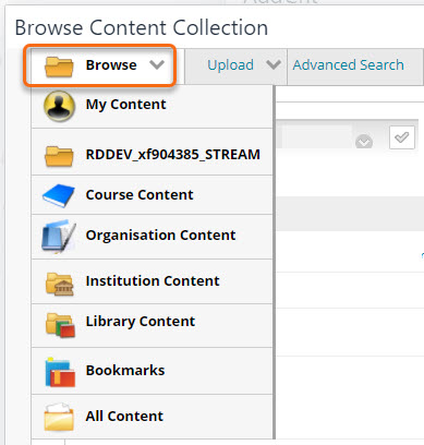 Browse Content Collection pop-up window with the browse