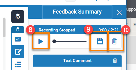 image showing the play button, save recording button and delete recording button inside the feedback panel