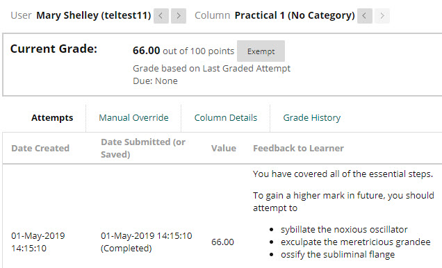 Blackboard physical submission feedback