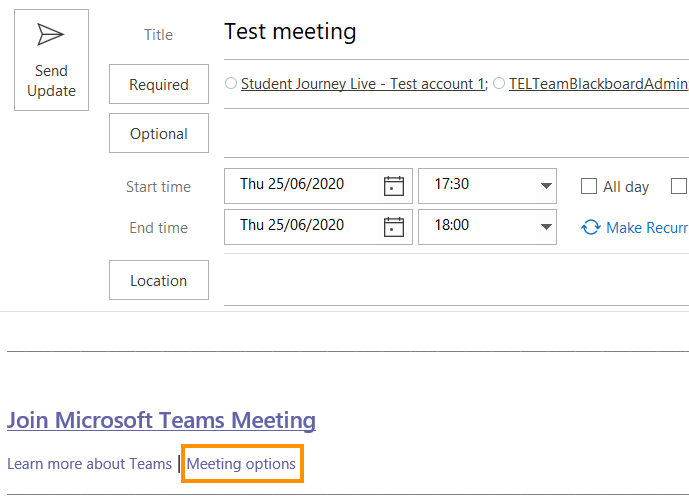 Teams meeting options in Outlook