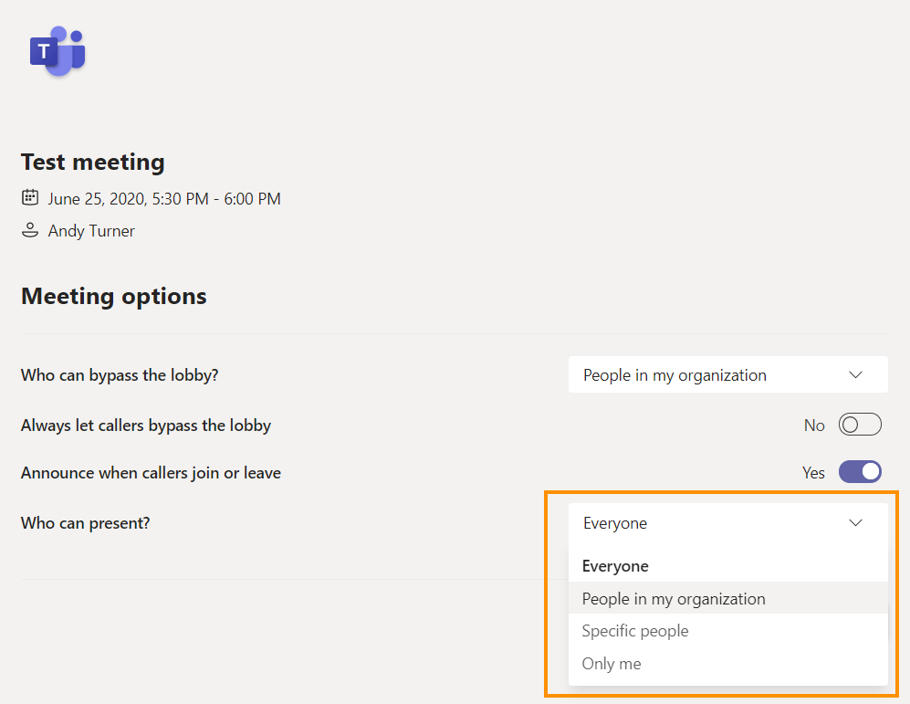 eams meeting options - who can present