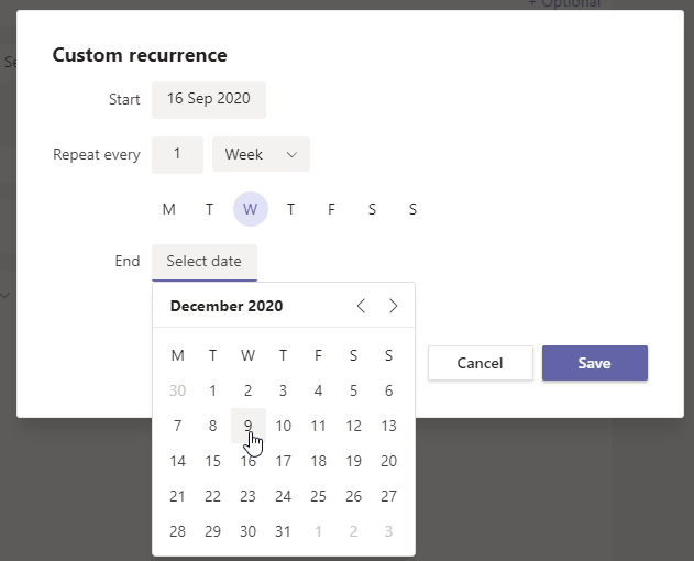 Teams meeting - custom recurrence screen