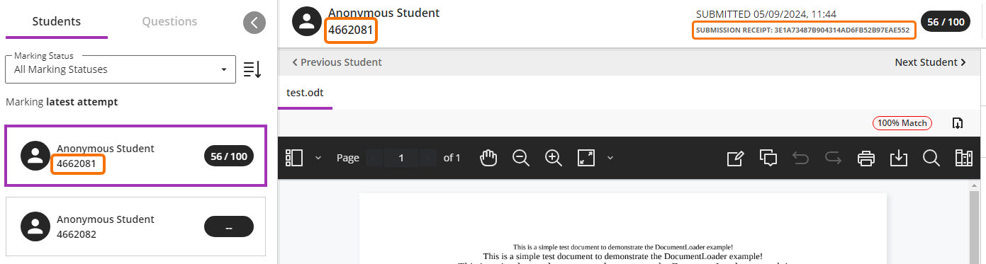 Blackboard anonymous assignment submission, highlighting the Anonymous Student ID and Submission Receipt number