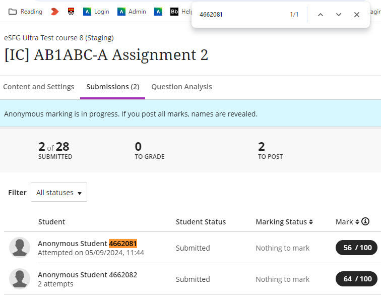 Searching an Anonymous Blackboard Assignment using Control plus F