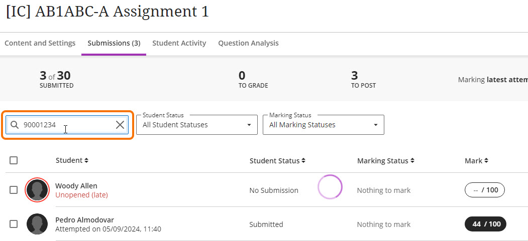 Blackboard assignment Submissions screen, highlighting the Search box