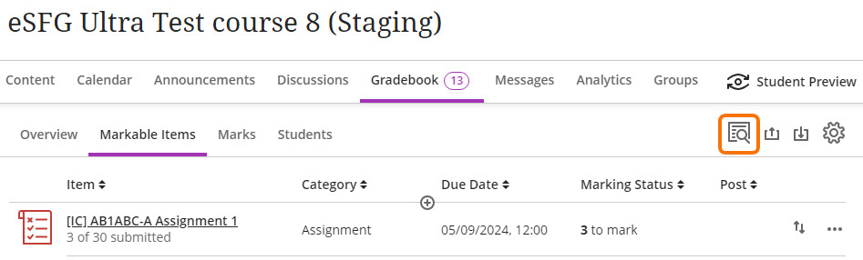 Blackboard Gradebook - highlighting the search option to search by Submission ID